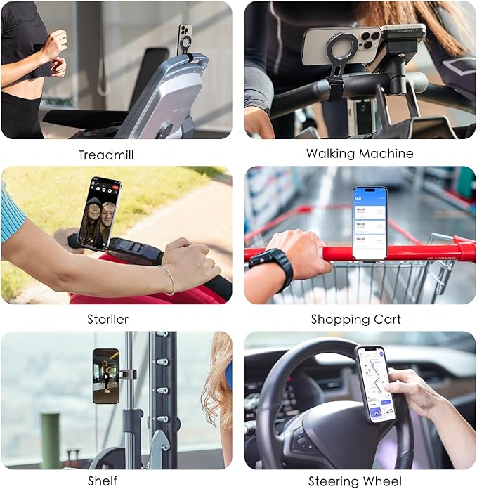 Magnetic Phone Holder for Bar, Stroller, Shopping Cart, [Strong Magnet] 180° Adjustable for Gym, Home Fitness Bikes with Adjustable Strap, All Phone (Magnetic Ring Included)