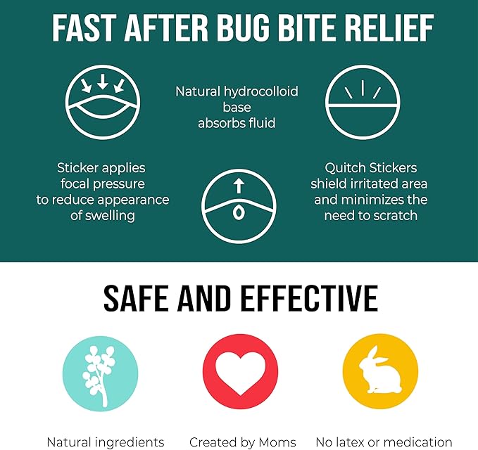 quitch Bug Bite Itch Relief Patches for Kids & Babies, Hydrocortisone Cream Alternative for Mosquito Bites, Drug-Free Anti-Itch Stickers for Summer Travel, Camp & Outdoor Play