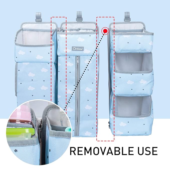 Orzbow 3-in-1 Hanging Diaper Organization Storage for Baby Essentials | Nursery Organizer and Baby Diaper Caddy | Hang on Crib, Changing Table or Wall, Blue