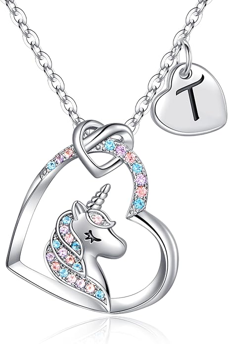 Hidepoo Valentines Gifts for Kids Girls - Unicorn Necklace Gifts for Teen Girls Kid, Colorful CZ Heart Pendant Initial Unicorn Necklaces for Girl Jewelry Birthday Gift for Girl Kid