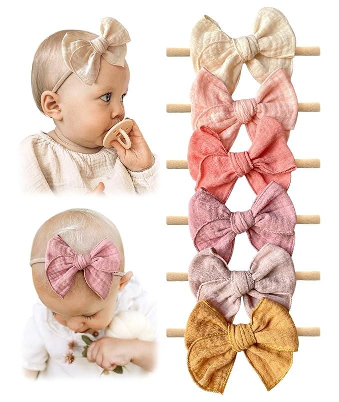 Cherssy Baby Girl Muslin Headbands, 3.5" Cotton Hair Bows Nylon Hairbands for Newborns, Infants, Toddlers - 6pcs