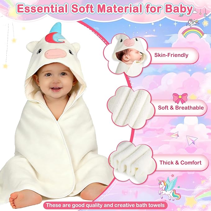 4 PCS Baby Towels Set, Soft Absorbent Baby Hooded Bath Towel, 1 Baby Towel and 3 Baby Washcloths for Newborns, Toddlers, and Kids, 32x32 inch Baby Towel for Boy and Girl (White Unicorn)