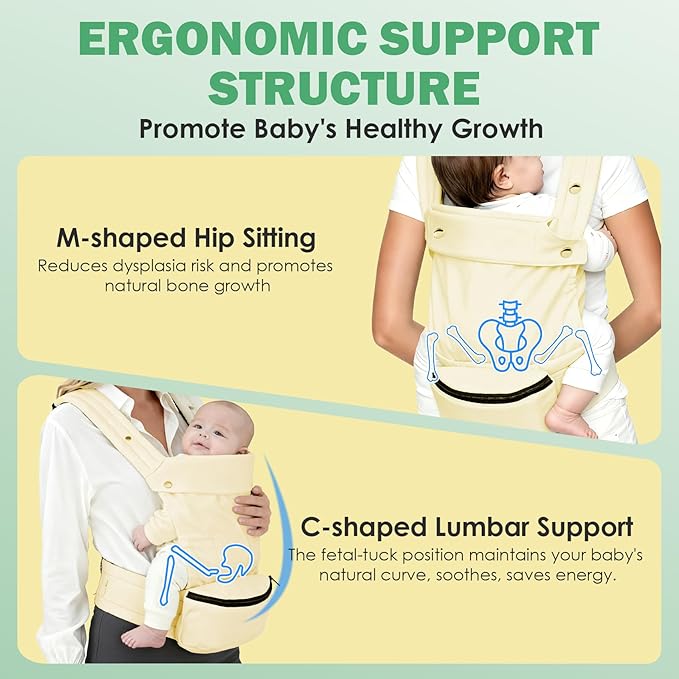 Baby Carrier with Storage Bag, 4 in 1 Front & Back Facing Design, Forward Facing, Adjustable, Baby Essential, Head Support, Baby Carrier for Newborn to Toddler, Almond Yellow