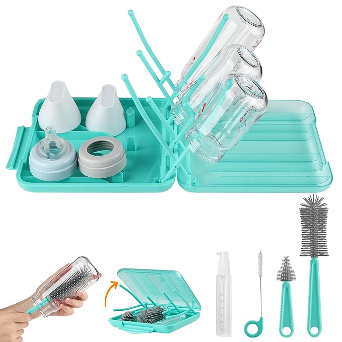 6 in 1 Bottle Brush Set,Bottle Cleaner Brush Kit with Bottle Brush,Drying Rack,Nipple Brush,Straw Brush,Soap Dispenser&Storage Box,Portable Baby Essentials for Home&Travel