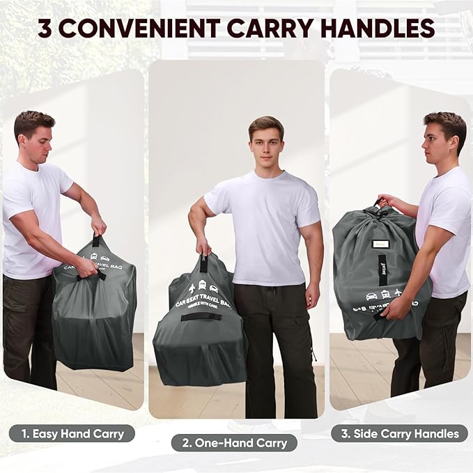 BALEINE Car Seat Travel Bag for Airplane, Water-Resistant Car Seat Bags for Air Travel, Foldable Cover with 3 Handles, Fits Toddler Carseat, Convertible and Booster Seats (Gray)