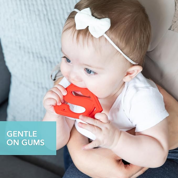 Bumkins Baby Teething Freezer Toy Keys Rings, Soft Flexible Silicone Pacifier, Safe to Chew, Cool Teether Gum Relief, Essentials for Babies 3 Months, Freezable, Sensory Textured, Superman DC Comics