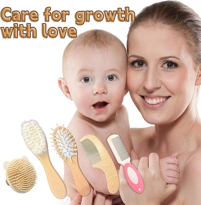 5PCS Baby Brush and Comb Set, Baby Hair Brush with Soft Goat Bristles, Cradle Cap Brush for Cradle Cap Care, Baby Care Essentials for Newborns, Toddlers, Girls and Boys