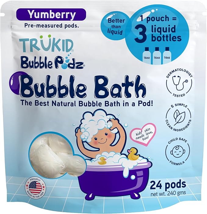 TruKid Bubble Podz Bubble Bath for Kids, Toddlers, & Babies, Tear Free Gentle & Refreshing Bath Bomb for Sensitive Skin with Natural Moisturizers, Non-Toxic, pH Balanced, Yumberry Scent (24 Podz)