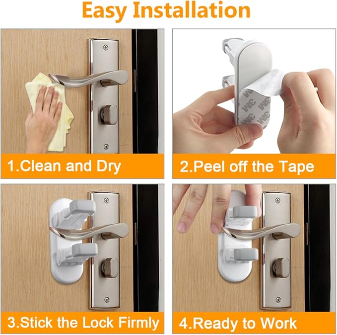 4-Pack Door Handle Baby Proof Lock – Child Proof Door Lever Lock for Kids Safety – Stops Toddler, Dog & Cat from Opening Doors – Easy One-Hand Adult Use, No-Drill Adhesive – Fits Home Bath/Kitchen