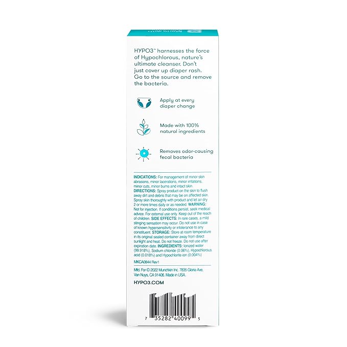 Munchkin HYP03 Diaper Rash Hypochlorous Acid Spray for Face and Body, Removes Rash-Causing Germs, Helps Promote Healing, Gentle for Sensitive & Eczema-Prone Skin, 3.4 Ounce