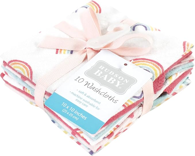 Hudson Baby Unisex Baby Flannel Washcloths, Creative Rainbow 10Pk, One Size