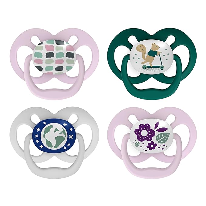 Dr. Brown's Advantage Glow-in-The-Dark Baby Pacifier, Fully Symmetrical Soother with Soft Silicone Bulb, Scooter Squirrel-Purple Nature, 6-18m, BPA Free, 4 Pack