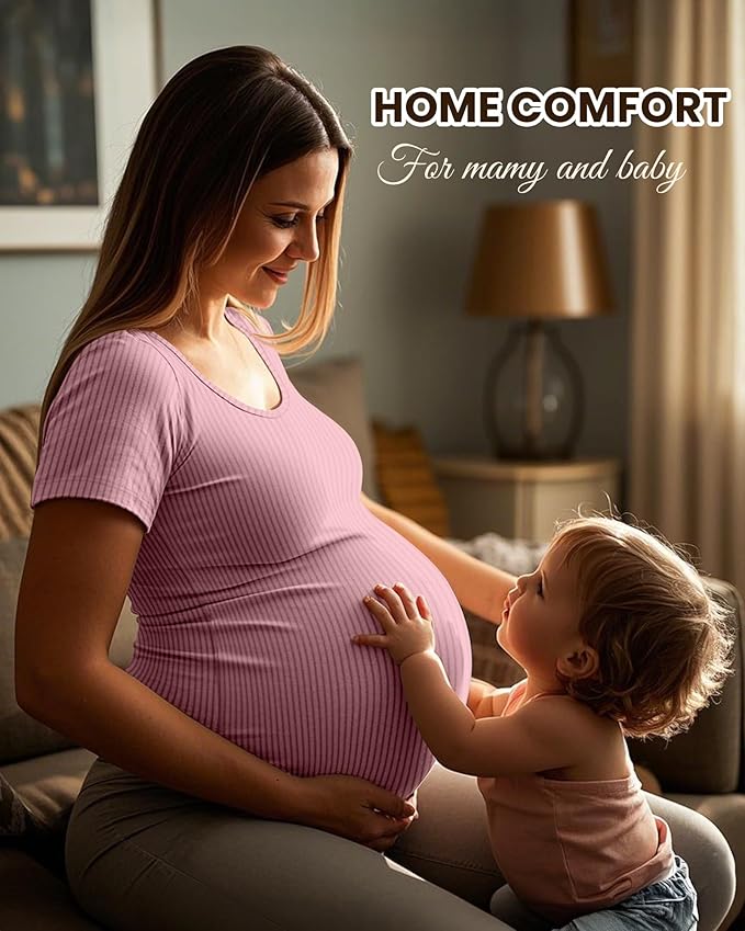 Neer 3 Pack Women's Ribbed Maternity Tops Pregnancy Round Neck Shirts Short Sleeve Soft Maternity Clothes for Mama