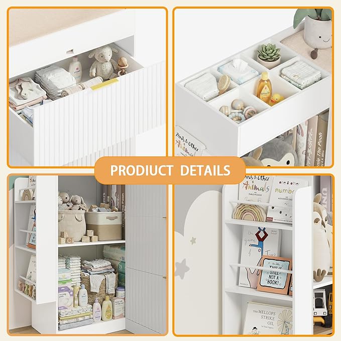 Nursery Changing Table Dresser,Diaper Changing Table with Storage,Corner Baby Dressing Table with 3 Drawers and 2 Shelves, Modern Storage Crib with Changing Station for Nurseries and Baby Rooms