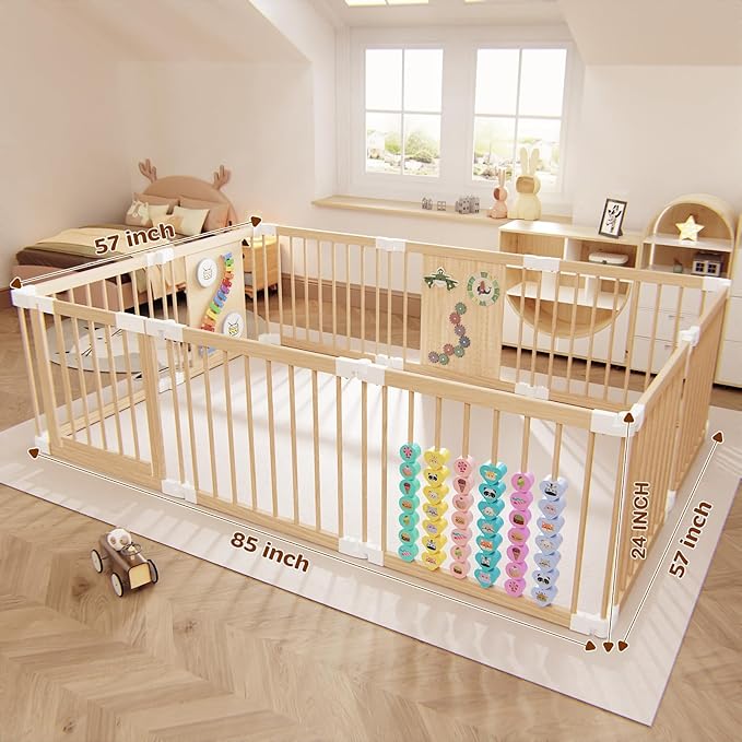 Baby Playpen - Adjustable Multi-Shape Wooden Play Yard, Portable Collapsible Activity Center with Baby Fence Play Area & Toys for Infants, Toddlers (57x85x24inch