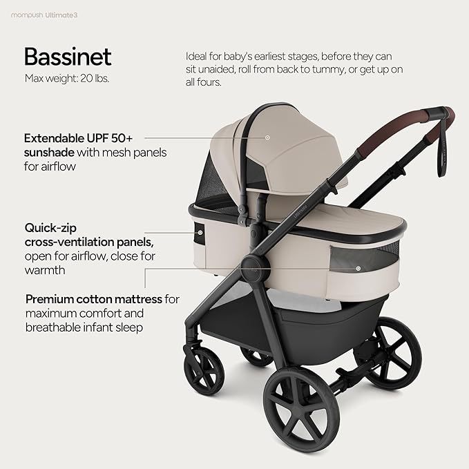 Mompush Ultimate 3 Full Size Baby Stroller with Bassinet from Newborn to 50 lbs - All-Terrain Large Wheels with Full Suspension, Reversible & Extendable Seat for Growing Kids, One-Second Compact Fold