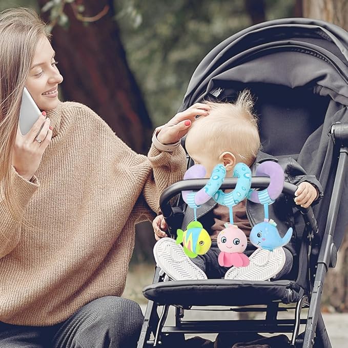 Caterbee Baby Stroller Toy, Activity Spiral Plush bar Toy Accessories, Car Seat Toys with Bell for boy or Girl 0 Months+ (Ocean)