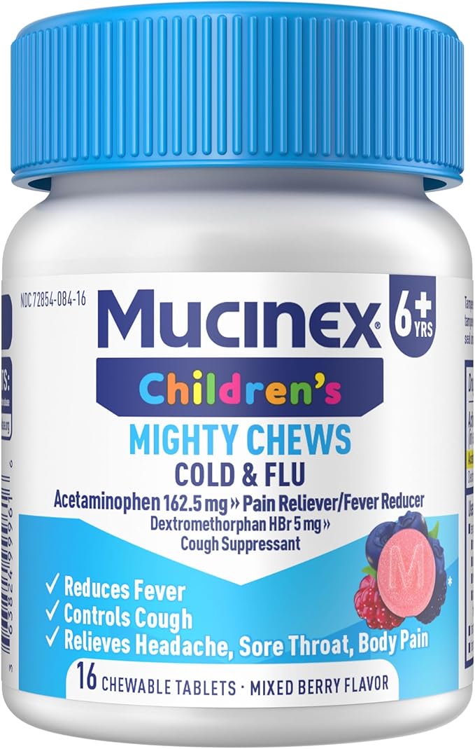Mucinex Children's Mighty Chews Cold and Flu Medicine, Easy to Dose Children's Acetaminophen & Dextromethorphan, Kids Cough Medicine, Ages 6+, Mixed Berry Flavor, 16 Medicated Chewable Tablets