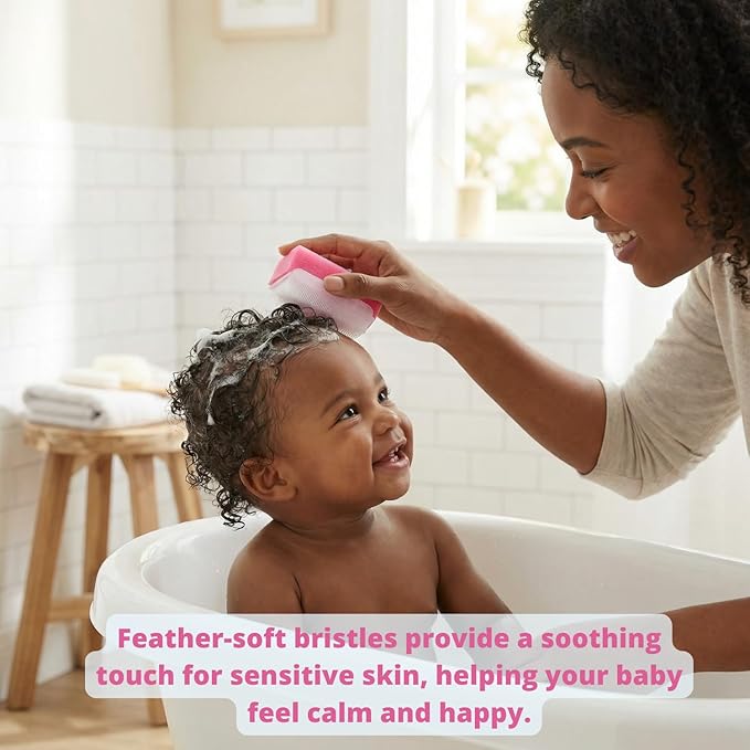 Cradle Cap Brush and Sponge Set for Baby - Bath Essentials for Newborns | Treatment Comb | Baby Bath Sponges (5-Pack Pink)