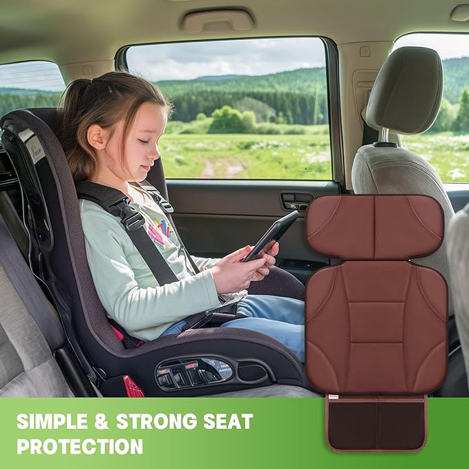 Siivton Car Seat Protector for Kids, Anti-Slip Design, Thick Padding, Prevents Seat Marks, 2 Storage Pockets for Toys & Snacks, Fits Most Cars, Black (Brown, 2 Pack)