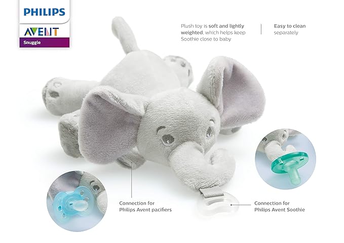 Philips AVENT Ultra Soft Snuggle Pacifier Holder with Detachable Pacifier, 0-6m, Elephant, SCF348/03