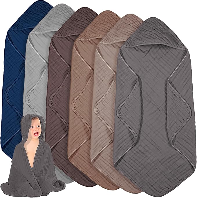Peryiter 6 Pcs Muslin Hooded Baby Towels 32x32inch Cotton Newborn Bath Essentials Muslin Infant Blankets Absorbent Registry Baby Shower Present for Babies Girl Boy Kids (Gray Series)