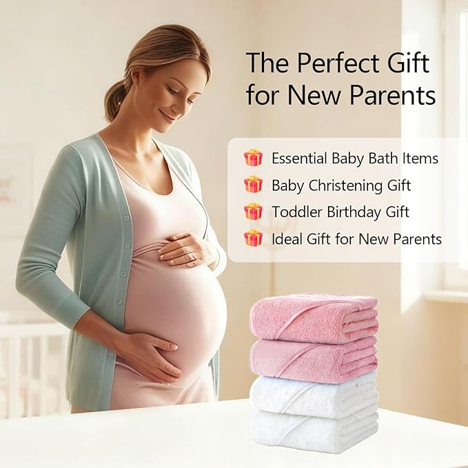 4 Pack Hooded Baby Towels, 32x32 Inch Absorbent Bath Towels, Soft Coral Fleece Hooded Towel for Newborns, Infants, and Toddlers – Baby Bath Essentials (2X White + 2X Pink)