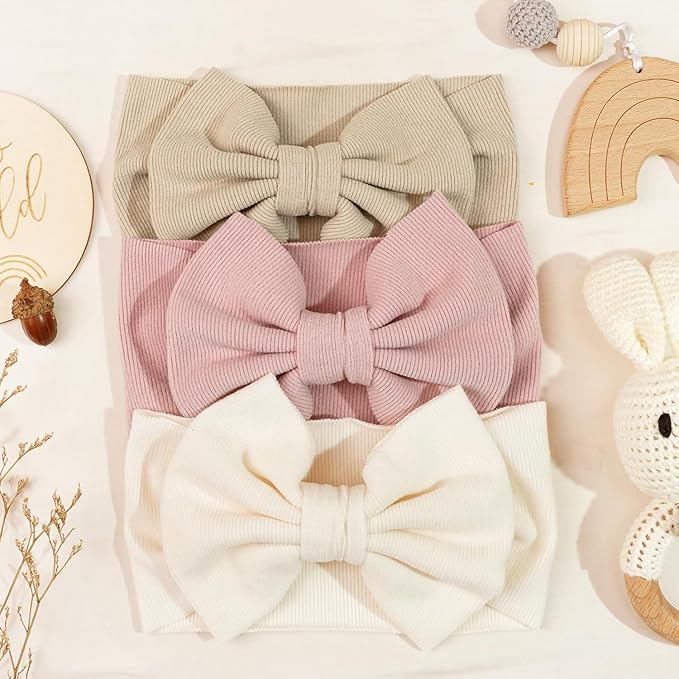 JOYOYO 3 Pcs Soft Wide-Knit Baby Headbands with Large Bow Hair Accessories for Newborn, Infant, Toddler, Kids