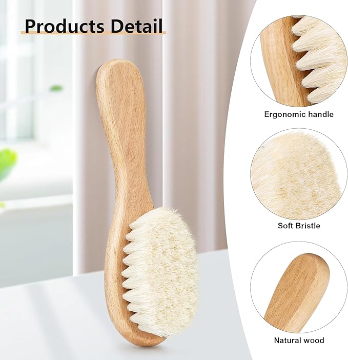 Baby Hair Brush with Wooden Handle and Comb Set for Newborns & Toddlers | Natural Soft Goat Bristles l Wood Comb l Green Cradle Cap Brush | Ideal for Cradle Cap (3 Piece)