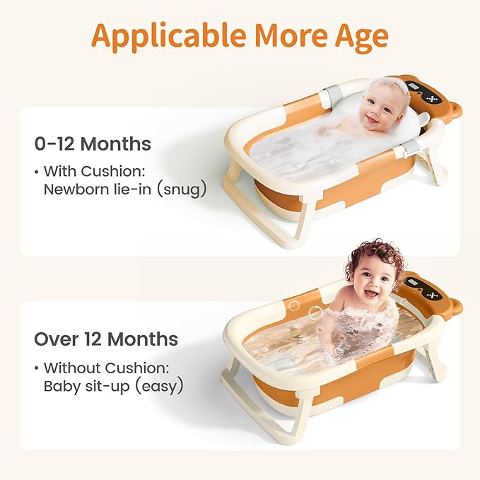Collapsible Baby Bathtub for Newborn to Toddler (0-18 Months) - Foldable Baby Bath Tub with Soft Towel, Newborn& Infant Bathtub for Travel and Outdoor, Brown