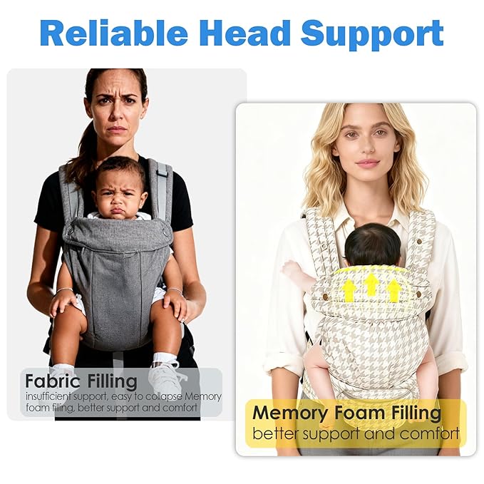 Baby Carrier with Storage Bag, 4 in 1 Front & Back Facing Design, Forward Facing, Adjustable, Baby Essential, Head Support, Baby Carrier for Newborn to Toddler, Champagne Houndstooth