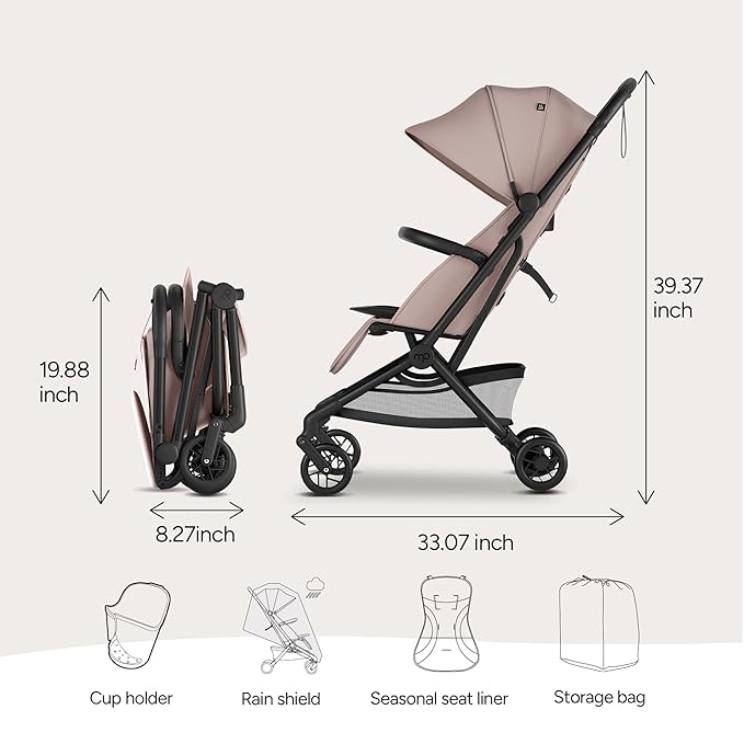 Mompush Velo Lightweight Travel Stroller, Compact & Airplane-Friendly for Baby and Toddler, Lie-Flat Seat, One-Hand Fold, with Leather Bumper Bar, Shoulder Strap, Raincover, Storage Bag & Cup Holder