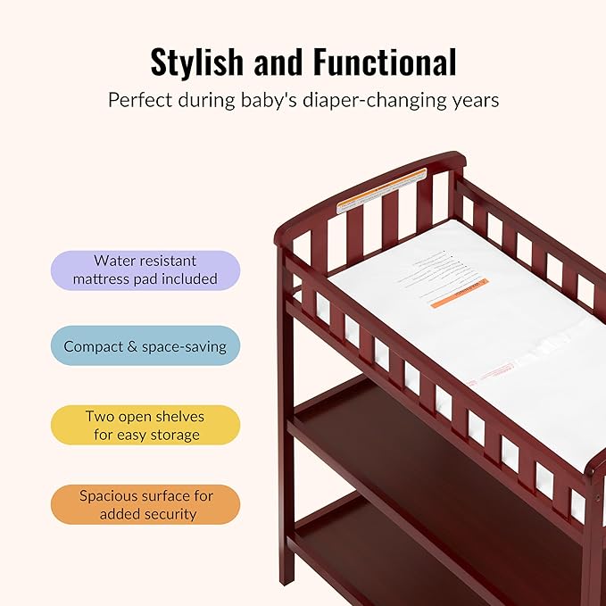 Dream On Me Emily Changing Table, Compact and Lightweight, Solid New Zealand Pinewood, Elevated Safety Rails, Two Storage Shelves, Includes Water-Resistant 1" Changing Pad — Cherry