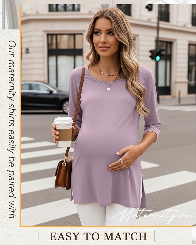3 Pack Women's 3/4 Sleeve Maternity Shirts Elbow Length Clothes Round Neck Tunics Pregnancy Loose Side Split Tops