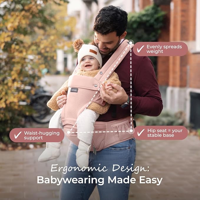 Momcozy Baby Carrier with Hip Seat, 2-in-1 Forward-Facing Carry for Active Babies, Detachable Hands-Free Carrier up to 44lbs, Breathable Infant Carrier Fits Waist Sizes up to 45 Inches, AirMesh Pink