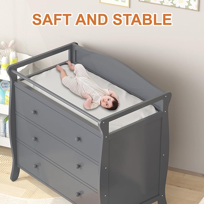 Wooden Diaper Changing Table, Baby Diaper Changing Station Infant Nursing Table with 3 Drawers, Safety Rail & Strap, Modern Baby Changing Table for Bedroom, Nursery