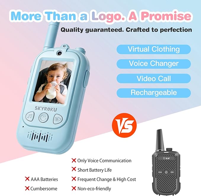 SKYROKU 2nd-Gen Video Walkie Talkies for Kids, 2000ft Long Range Rechargeable Walky Talkies, AI Virtual Costumes & Voice Changer, Outdoor Camping Toys Gift for Boys Girls Ages 3-12 (2 Pack)