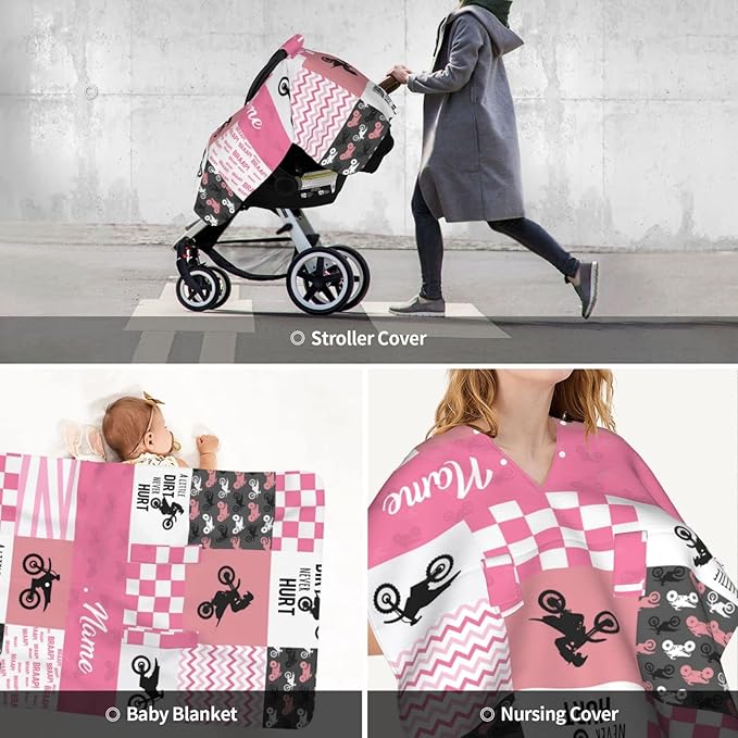 Personalized Dirt Bike Pink Baby Car Seat Canopy for Babies with Name, Custom Motocross Car Seat Covers for Girls, Opening Minky Nursing Breastfeeding Cover Infant Carseat Canopies for Newborn
