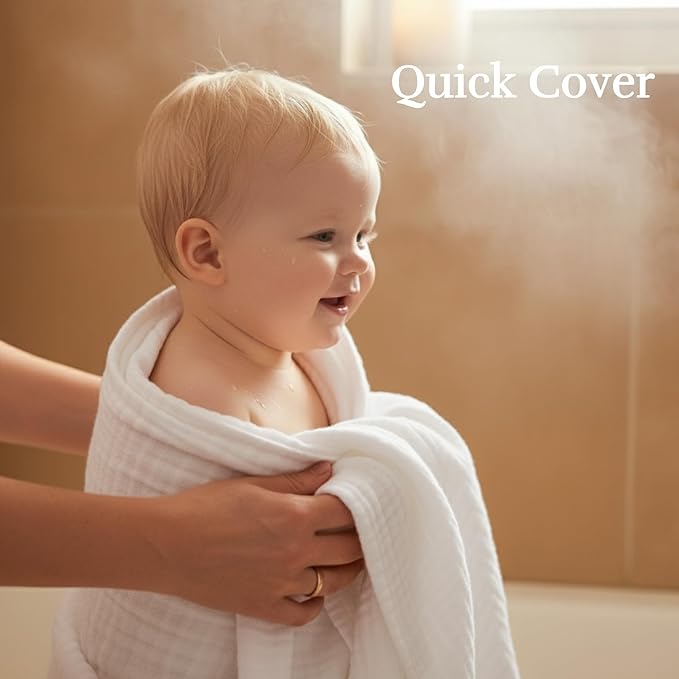 Muslin Baby Bath Towel Set - 100% Organic Cotton 5-Piece Set (2 Large Towels & 3 Washcloths), 6 Layer Super Soft Absorbent Gauze for Newborns (Yellow Stripe)