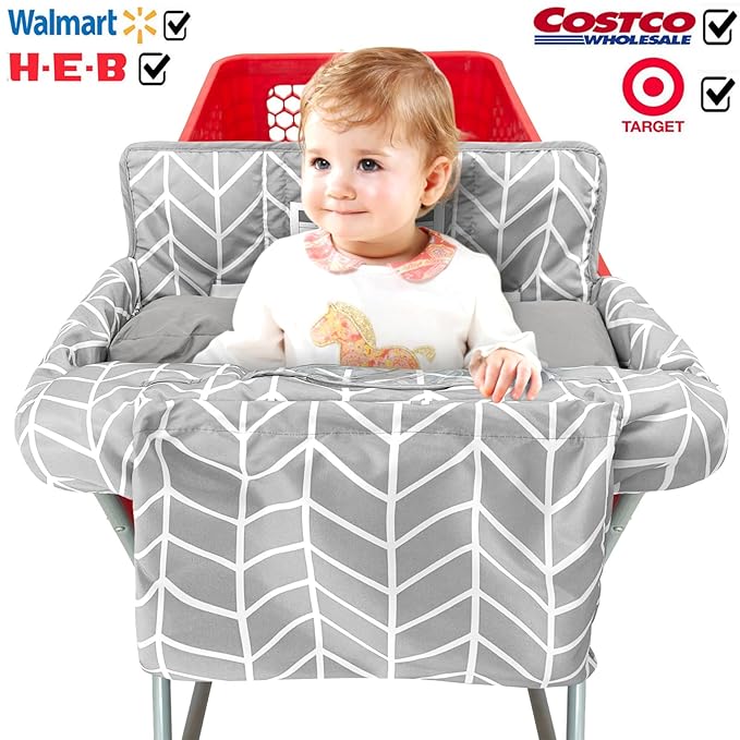 Love&go Soft Pillow Attached 2-in-1 Shopping Cart and High Chair Cover for Baby, Cotton Padded Cart Cover, Fold'n Roll Style, Portable with Carry Bag (Gray Arrow)