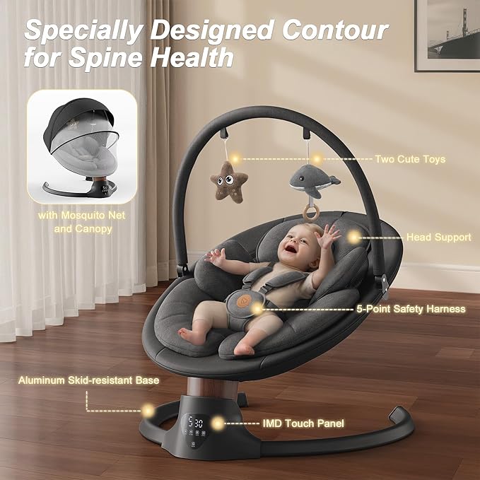 Baby Swings for Infants, FasonBaby Electric Baby Swing with 10 Preset Melodies, 5 Speeds, Remote Control and Bluetooth - Portable Infant Swing for Indoor and Outdoor(Black)