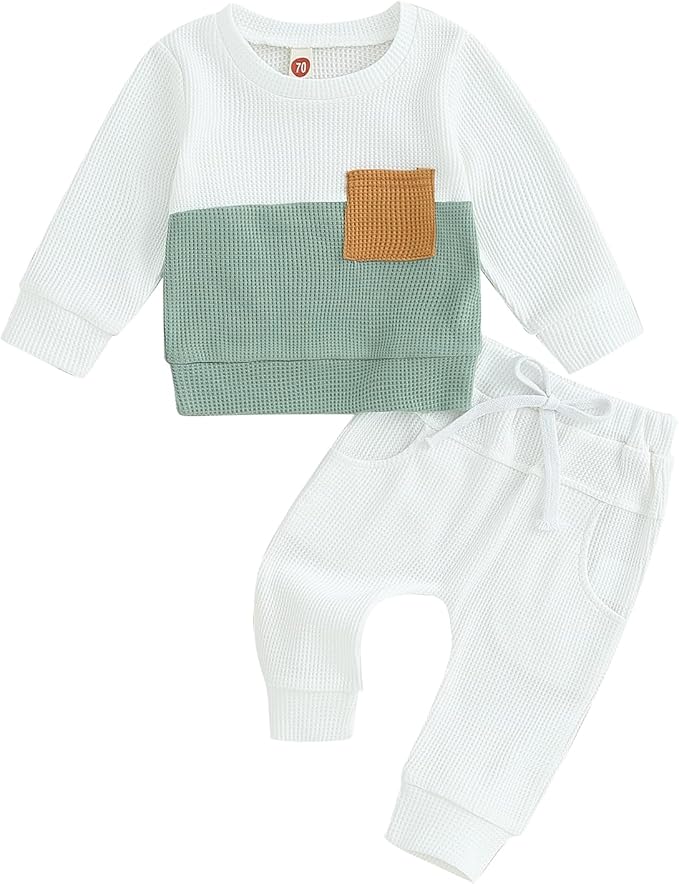 Toddler Baby Boy Fall Outfit Long Sleeve Crew Neck Contrast Color Sweatshirt Top Pant Cute Newborn Infant Waffle Clothes