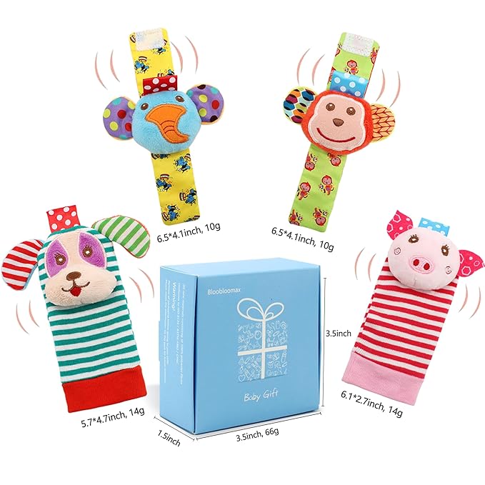Infant Rattle Socks Toys 0 to 12 Months, Baby Wrist Rattle Foot Finder Socks Set, Birthday Holiday Present for Newborn Boy Girl 0/3/4/6/7/8/9/12/18 Months Kids Toddler, Gift Box Package (4A)