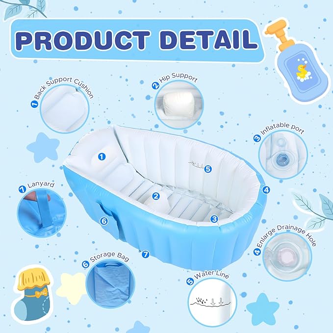 Inflatable Baby Bathtub, Collapsible Safe Baby Bath Tub, Portable Travel Shower Basin with Built-in Air Pump, Newborn to Toddler Bath Tub, Deflates and Folds Easily, Non-Slip (Blue)
