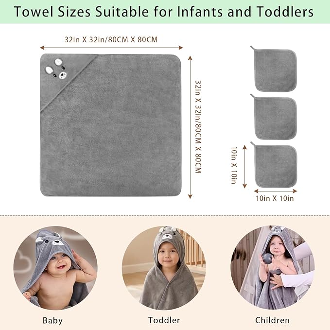 4 PCS Hooded Baby Towel Set, 32x32 Inch Absorbent Baby Bath Towels, Soft Hooded Towels and 3 PCS Washcloths, Unisex Baby Gift Set for Newborns, Babies, Toddlers (Gray)