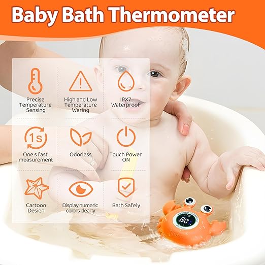 Baby Bath Thermometer Crab Toy - Digital Floating Water Thermometer with LED Display & Color Alerts for Infants, Cute Bath Tub Sensor & Safe Bath Time Essential Toy
