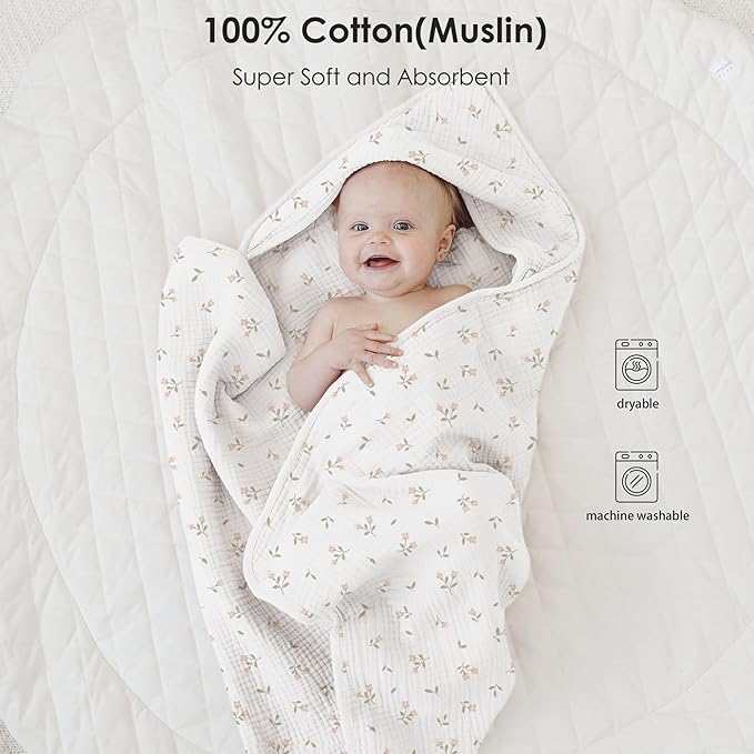 Muslin Baby Towels with Hood for Newborn 100% Cotton Baby Bath Towels Soft & Absorbent Hooded Baby Towel for Boys and Girls, Large Size - 32 * 32 Inches