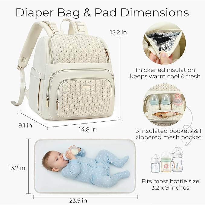 Diaper Bag Backpack - Lightweight & Stylish, Boys, Girls & Baby Travel Essentials Tote with Changing Pad, Insulated Pocket, Stroller Strap - Baby Diaper Backpack for Mom, Maternity (Beige)