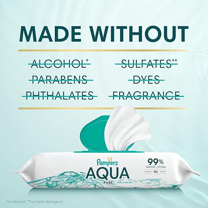 Pampers Baby Wipes Aqua Pure, 99% water-based wipes, Hypoallergenic and Unscented Baby Wipes, 672 Wipes Total (12 Flip-Top Packs)