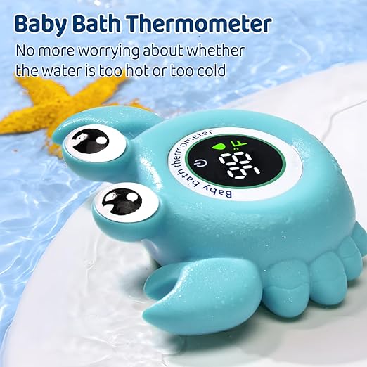 Baby Bath Thermometer Crab Toy - Digital Floating Water Thermometer with LED Display & Color Alerts for Infants, Cute Bath Tub Sensor & Safe Bath Time Essential Toy